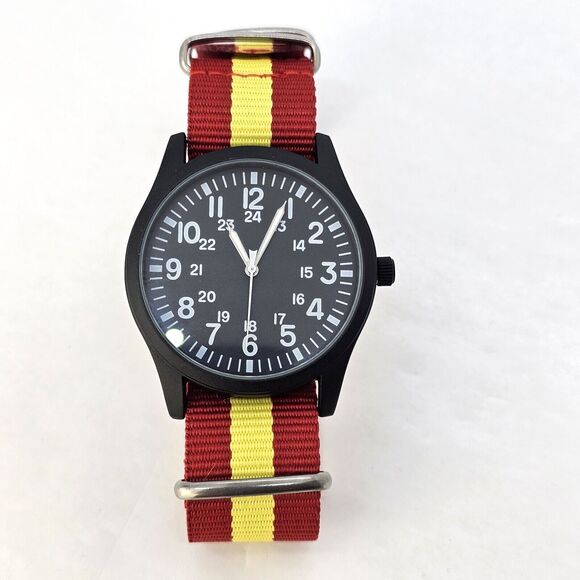 Men's Field Watch 42MM Black Dial Black Case Red Yellow Canvas Band Strap - Picture 2 of 11